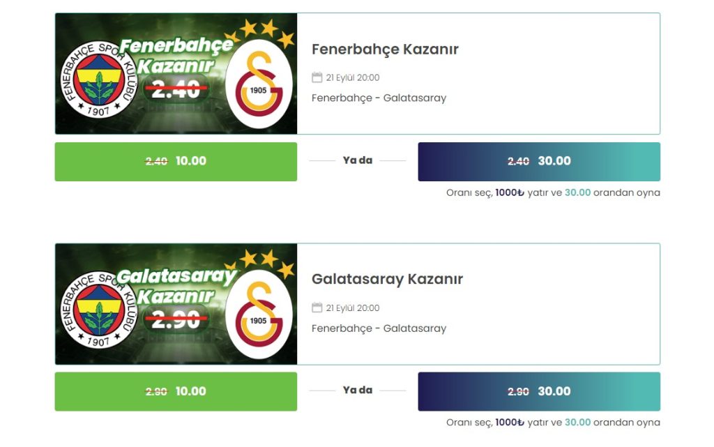 Fenerbahçe Galatasaray Derbisi 30 Oran Seçenekleri